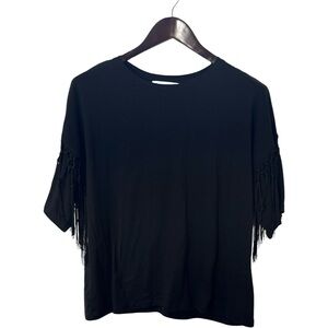 Zara Black Short Sleeve Fringe Top Size Large